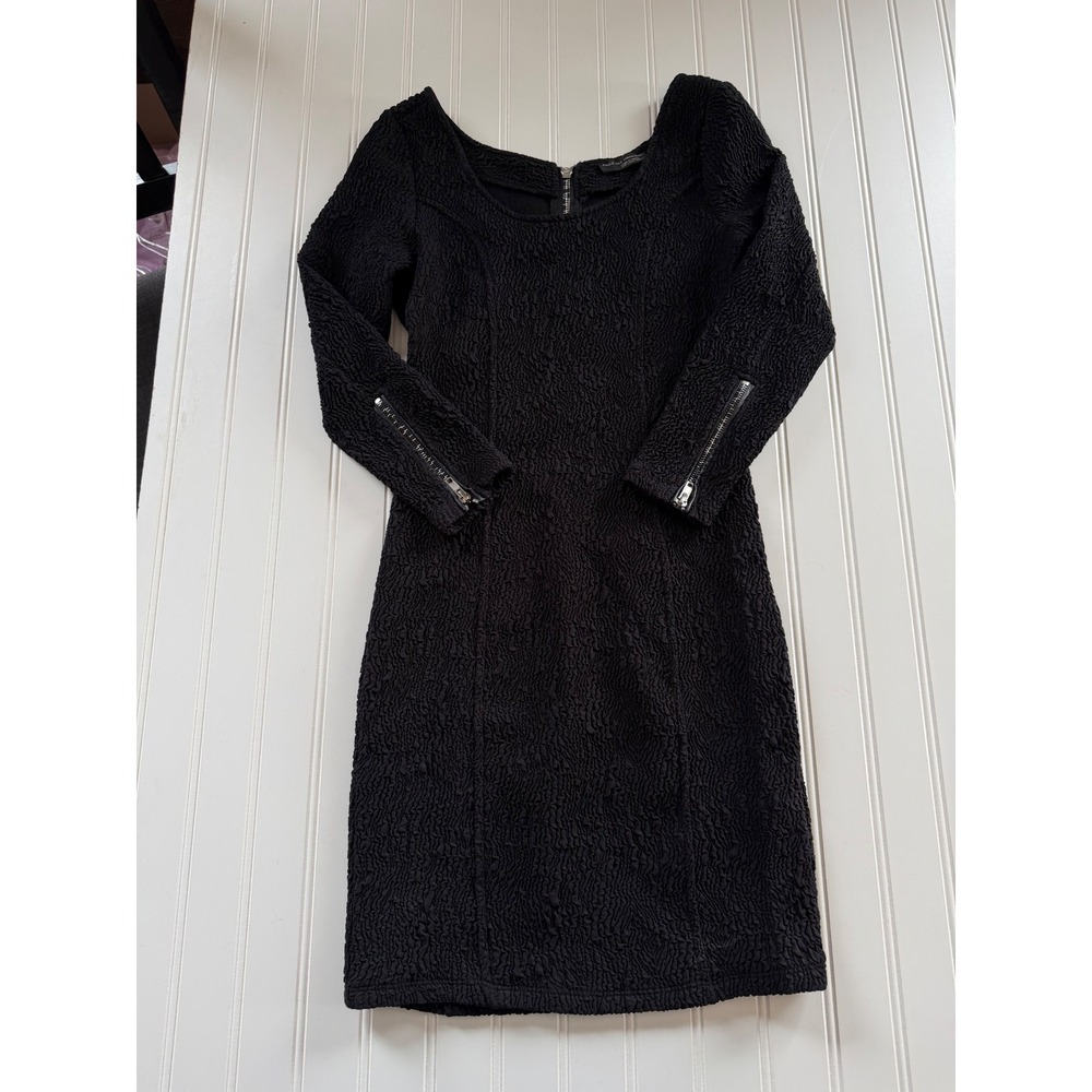 Zara Black Crinkle Stretch Dress‎ Size S 3/4 Sleeve Zip Bodycon